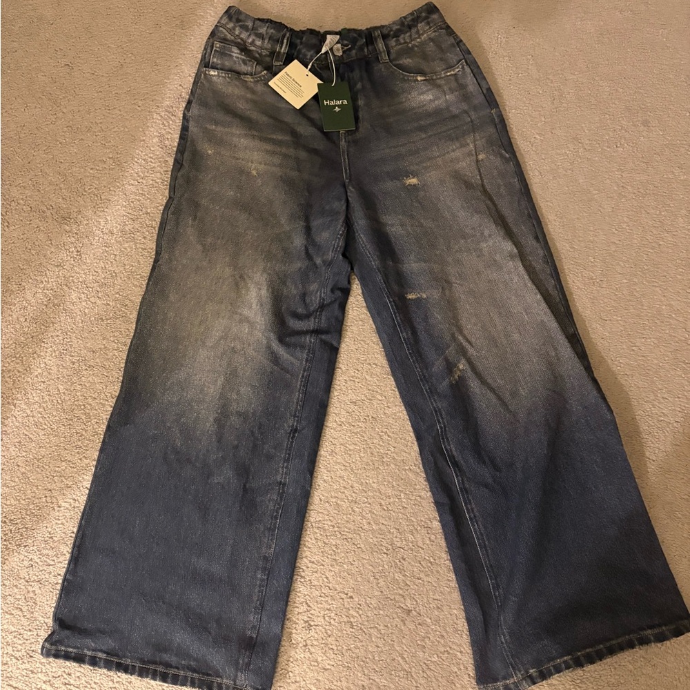 Halara Mid Rise Denim Print French Terry Casual Sweatpants Jeans with Pockets